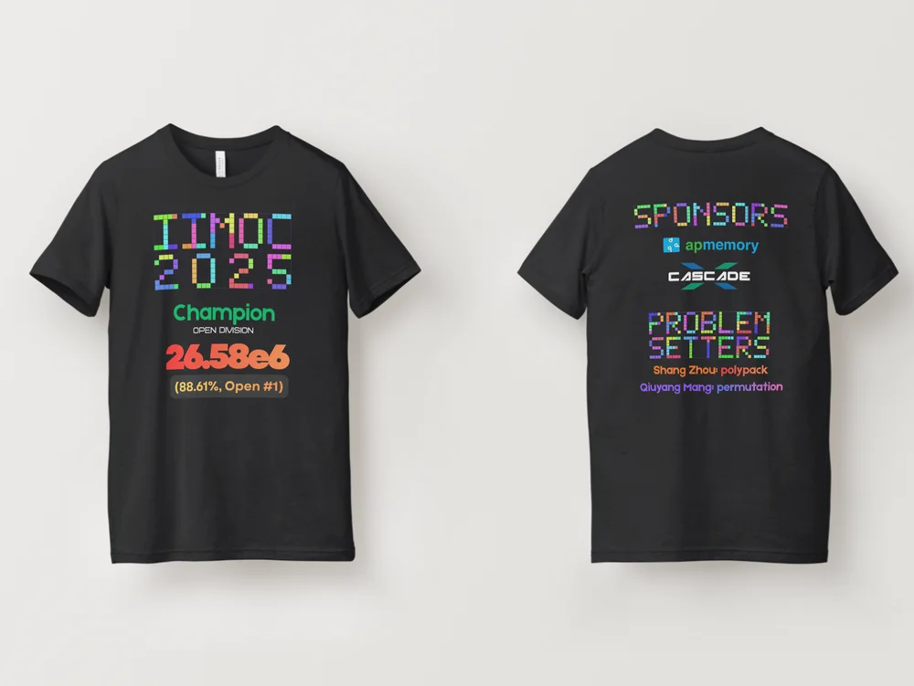 IIMOC 2025 Champion T-shirt, front and back: black tee with pixel-art IIMOC 2025 lettering, champion score, sponsors, and problem setters
