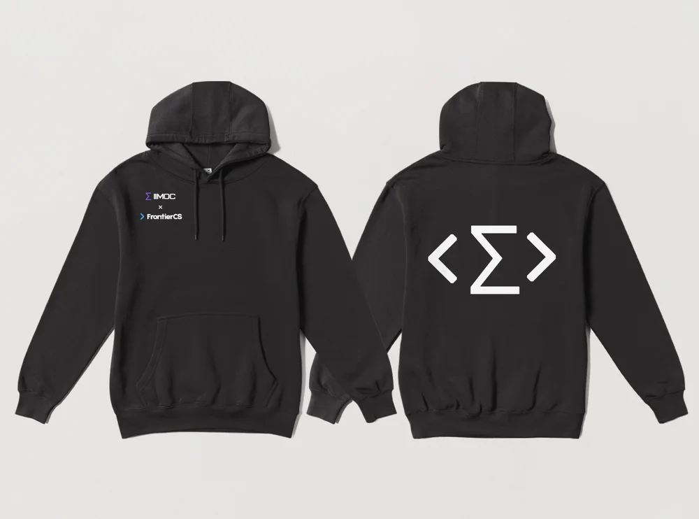 IIMOC 2026 prize hoodie, front and back: black hoodie with IIMOC × FrontierCS logo and a large ⟨Σ⟩ mark